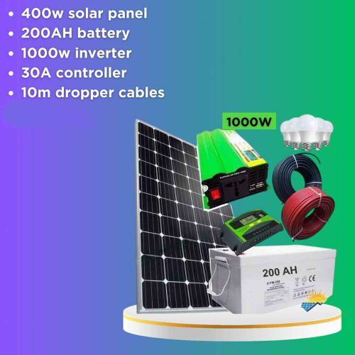 Solarmax 400W Solar Panel Full Kit plus 200AH Battery plus 30AH Solar Charge Controller plus 1000Watts Inverter plus 5 DC Bulbs plus 10M Cable Cable